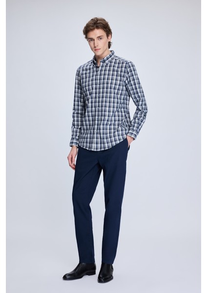 Lacivert Slim Fit Kareli Düğmeli Yaka Uzun Kollu Pamuklu Gömlek fiyatları