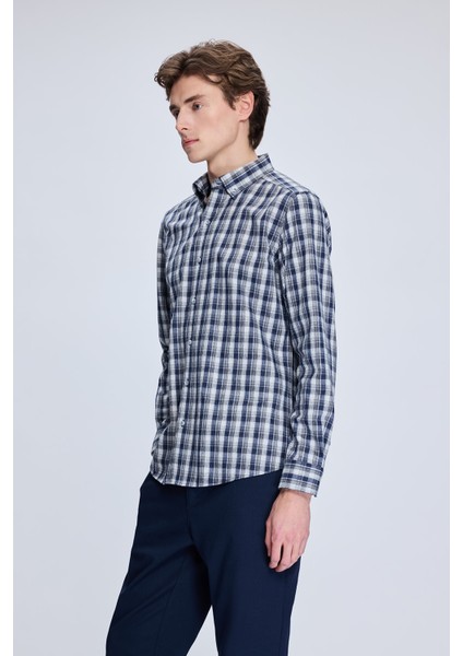Lacivert Slim Fit Kareli Düğmeli Yaka Uzun Kollu Pamuklu Gömlek modelleri