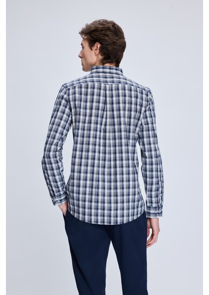 Lacivert Slim Fit Kareli Düğmeli Yaka Uzun Kollu Pamuklu Gömlek indirimleri