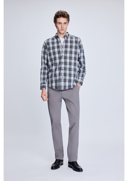 Gri Slim Fit Kareli Düğmeli Yaka Uzun Kollu Pamuklu Gömlek fiyatları
