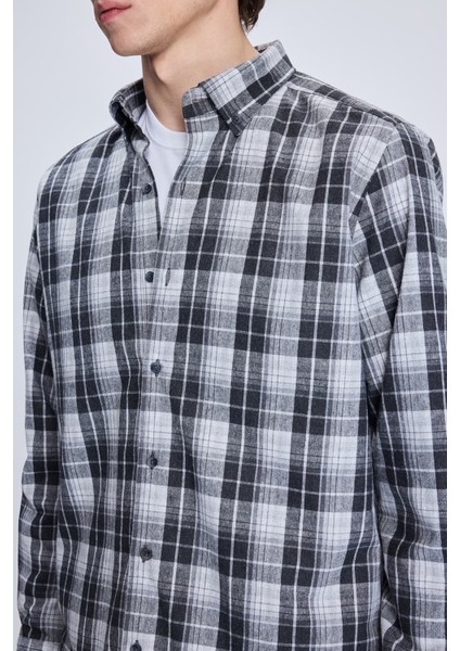 Gri Slim Fit Kareli Düğmeli Yaka Uzun Kollu Pamuklu Gömlek fırsatları