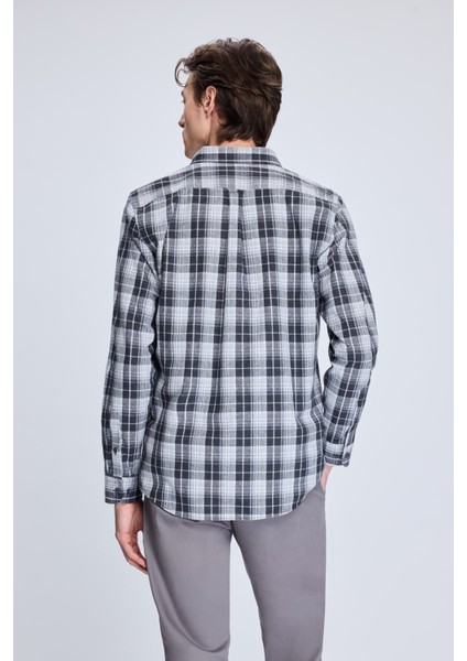Gri Slim Fit Kareli Düğmeli Yaka Uzun Kollu Pamuklu Gömlek indirimleri