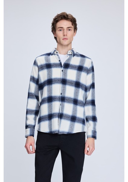 Lacivert Slim Fit Kareli Düğmeli Yaka Uzun Kollu Pamuklu Gömlek