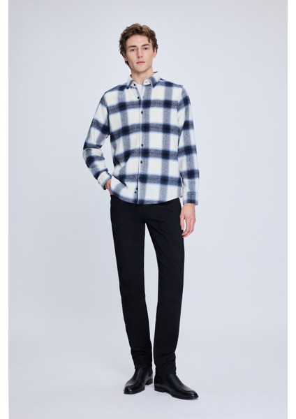 Lacivert Slim Fit Kareli Düğmeli Yaka Uzun Kollu Pamuklu Gömlek fiyatları