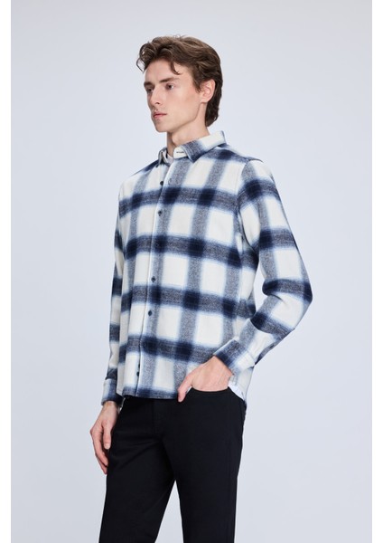 Lacivert Slim Fit Kareli Düğmeli Yaka Uzun Kollu Pamuklu Gömlek modelleri