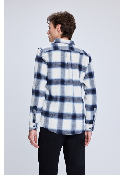 Lacivert Slim Fit Kareli Düğmeli Yaka Uzun Kollu Pamuklu Gömlek indirimleri