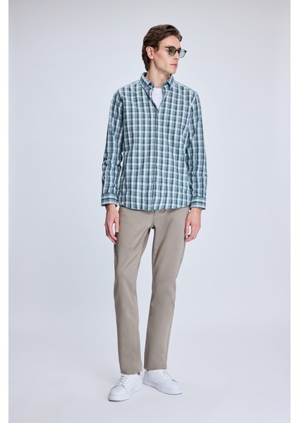 Haki Slim Fit Kareli Düğmeli Yaka Uzun Kollu Pamuklu Gömlek