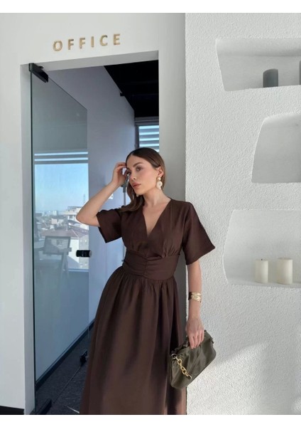 Kısa Kollu Uzun Elbise - Kahve