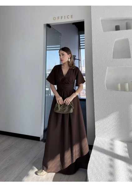 Kısa Kollu Uzun Elbise - Kahve