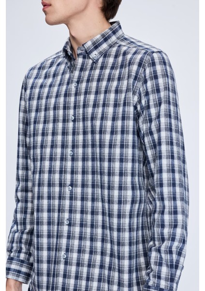 Lacivert Slim Fit Kareli Düğmeli Yaka Uzun Kollu Pamuklu Gömlek fırsatları