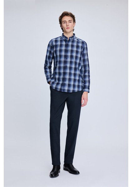 Lacivert Slim Fit Kareli Düğmeli Yaka Uzun Kollu Pamuklu Gömlek