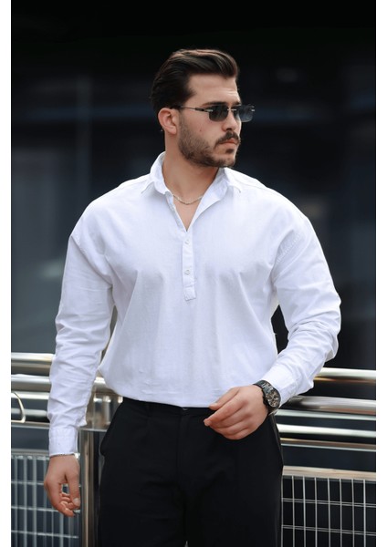 Yarım Pat Yakalı York Pamuk Kumaşlı Uzun Kollu Erkek Gömlek - Beyaz