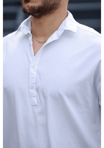 Yarım Pat Yakalı York Pamuk Kumaşlı Uzun Kollu Erkek Gömlek - Beyaz