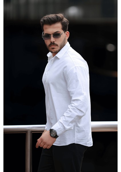 Yarım Pat Yakalı York Pamuk Kumaşlı Uzun Kollu Erkek Gömlek - Beyaz