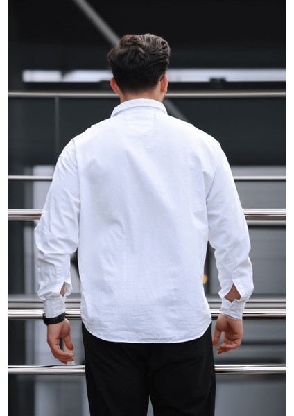 Yarım Pat Yakalı York Pamuk Kumaşlı Uzun Kollu Erkek Gömlek - Beyaz