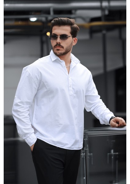 Yarım Pat Yakalı York Pamuk Kumaşlı Uzun Kollu Erkek Gömlek - Beyaz