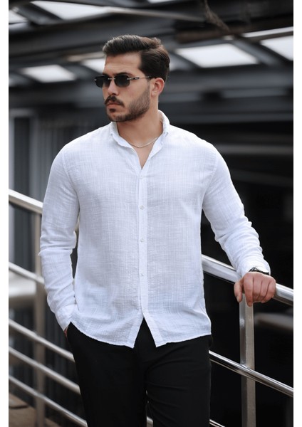 Bien Pamuk Keten Erkek Gömlek Uzun Kol Klasik Stil Ekru Renk ile Gün Boyu Konfor