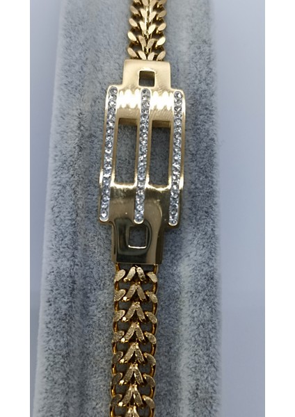 Altın Kaplama Örgü Zincirli Zirkon Taşlı Vip Modeli Çelik Bileklik(17+5 Cm)