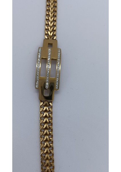 Altın Kaplama Örgü Zincirli Zirkon Taşlı Vip Modeli Çelik Bileklik(17+5 Cm)