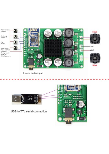 Bluetooth 5.0 Amplifikatör Kartı 2X50W Line-In Ses Girişi Desteği Seri Port Desteği Isim Değiştirme Şifresi (Şifreli) (Yurt Dışından)