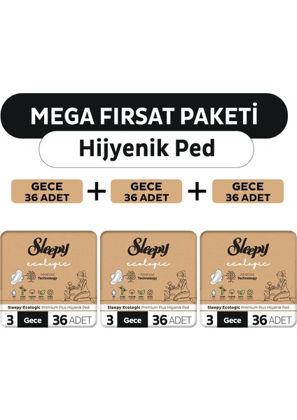 Ecologic Premium Plus Hijyenik Ped Mega Fırsat Paketi Gece 108 Adet