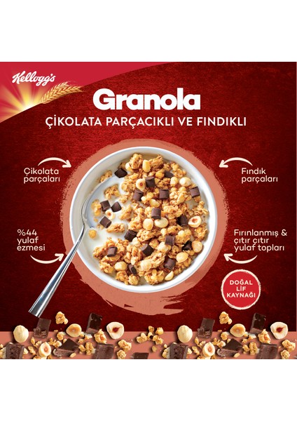 Granola Çikolata Parçacıklı ve Fındıklı 340 G x 3 Adet, %45 Yulaf Ezmesi, Lif Kaynağı Kahvaltılık Gevrek