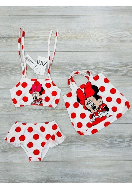 Kız Çocuk ve Bebek Mickey Mouse Kalp Desenli Hızlı Kuruyan 3 Parça Alt Üst Mayo ve Çanta Takımı