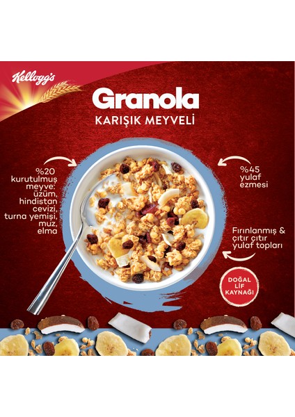 Granola Karışık Meyveli 60 G x10 Adet, %42 Yulaf Ezmesi,%20 Kurutulmuş Meyve, Lif Kaynağı Kahvaltılık Gevrek