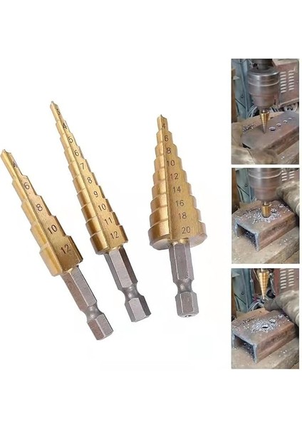 Kademeli Matkap Ucu Hss Çelik Matkap 3 Adet. – Koni 4 – 12/20/32MM, Titanyum Kaplı Metal
