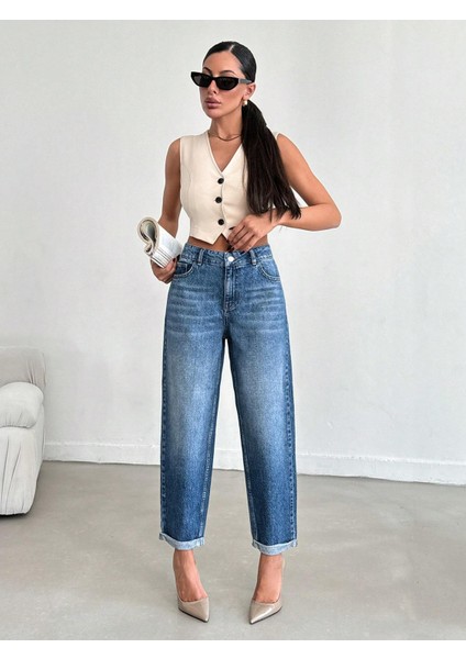 Kadın Bilek Boy Mom Fit Kot Pantolon Mavi