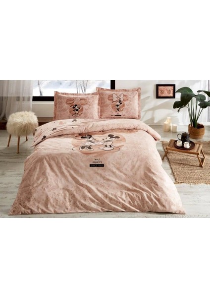 Fitted Lastikli Çift Kişilik Nevresim Takımı Pudra Mickey Effect 3653
