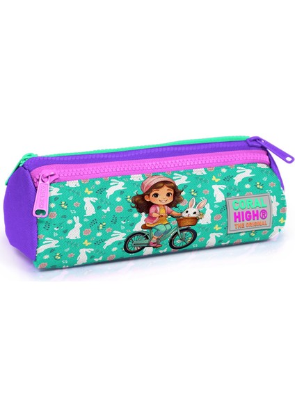 Kids Mor Pembe Bisikletli Kız Desenli Üç Bölmeli Kalem Çantası 22147