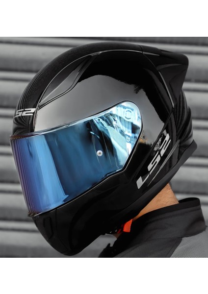 Rapıd 2 Race Parlak Siyah Motosiklet Kaskı Mavi Camlı