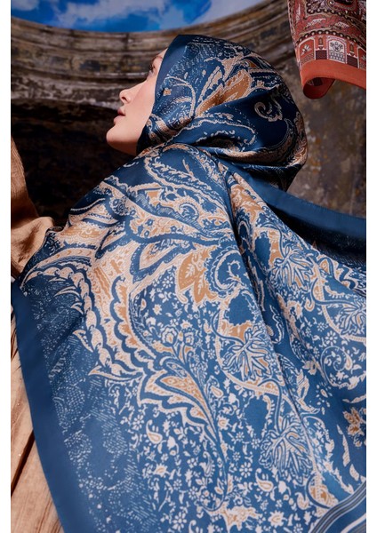 Lacivert Yaprak Desen Hint Ipeği Şal fiyatları