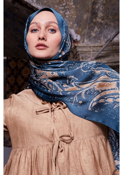 Lacivert Yaprak Desen Hint Ipeği Şal indirimleri