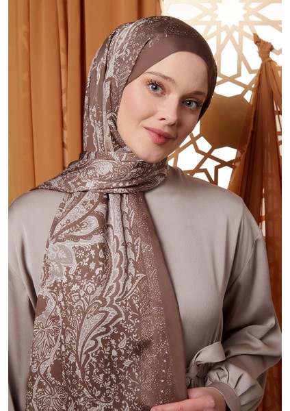 Sütlü Kahve Yaprak Desen Hint Ipeği Şal modelleri