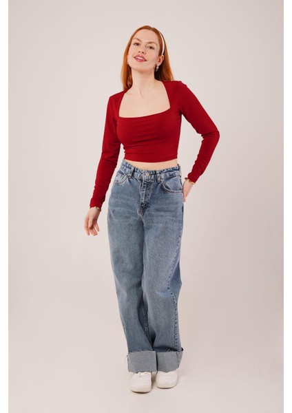 Kare Yaka Basic Bordo Bluz modelleri