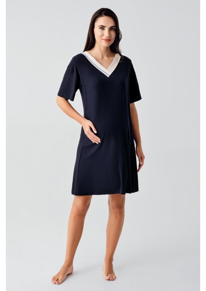 Kısa Kollu Çizgili Esnek Keten Efektli Viskoz Hamile Sabahlık Gecelik Takım 17402 fiyatları