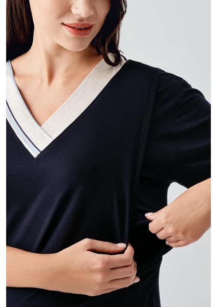 Kısa Kollu Çizgili Esnek Keten Efektli Viskoz Hamile Sabahlık Gecelik Takım 17402 modelleri