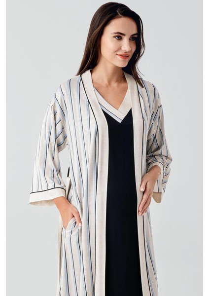 Kısa Kollu Çizgili Esnek Keten Efektli Viskoz Hamile Sabahlık Gecelik Takım 17402 fırsatları