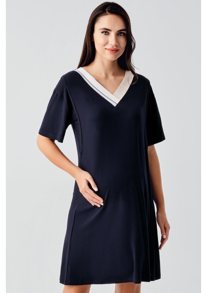 Kısa Kollu Çizgili Esnek Keten Efektli Viskoz Hamile Sabahlık Gecelik Takım 17402 indirimleri