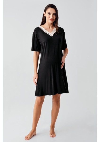 Kısa Kollu Çizgili Esnek Keten Efektli Viskoz Hamile Sabahlık Gecelik Takım 17402 fiyatları