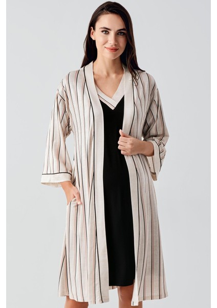Kısa Kollu Çizgili Esnek Keten Efektli Viskoz Hamile Sabahlık Gecelik Takım 17402 modelleri