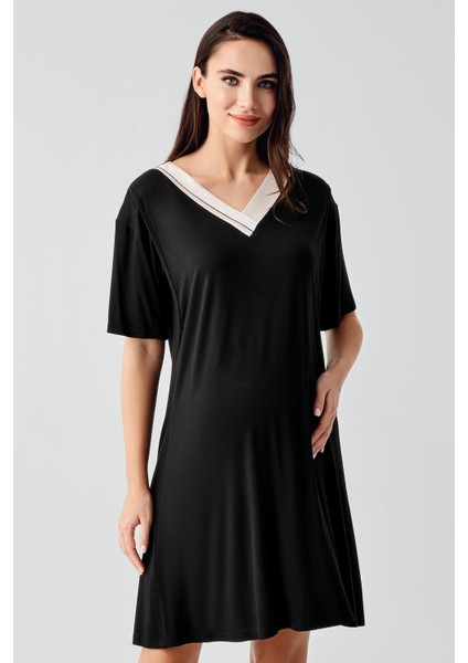 Kısa Kollu Çizgili Esnek Keten Efektli Viskoz Hamile Sabahlık Gecelik Takım 17402 fırsatları