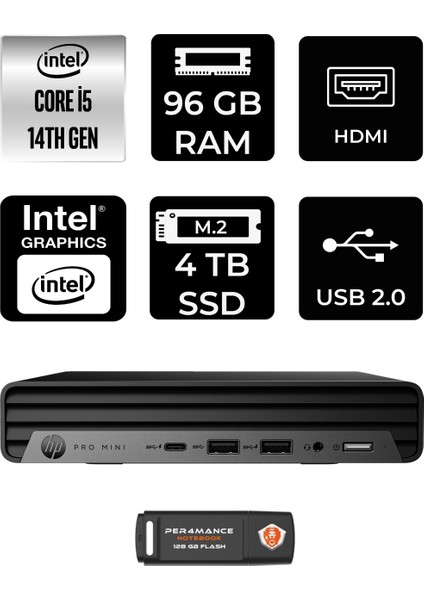 Pro Mini 400 G9 Intel Core I5 14500T 96GB 4tb SSD Fdos Mini Masaüstü Bilgisayar & Per4 USB Bellek 937R4EAPN340