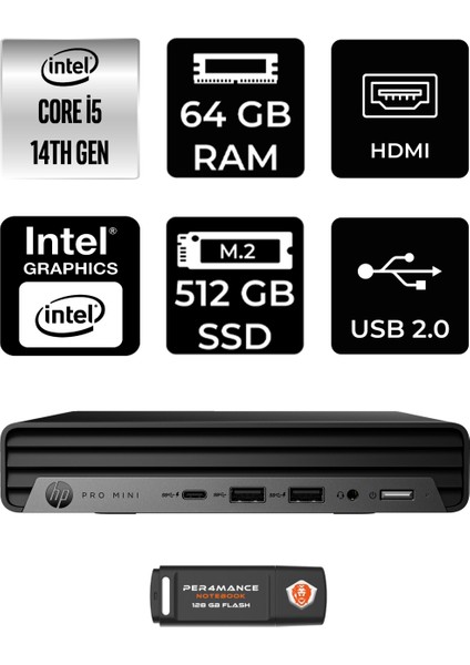 Pro Mini 400 G9 Intel Core I5 14500T 64GB 512GB SSD Windows 11 Pro Mini Masaüstü Bilgisayar & Per4 USB Bellek 9H6W8ETPN412