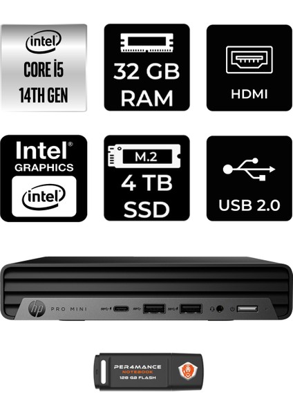 Pro Mini 400 G9 Intel Core I5 14500T 32GB 4tb SSD W11H Mini Masaüstü Bilgisayar & Per4 USB Bellek 937R4EAPN360