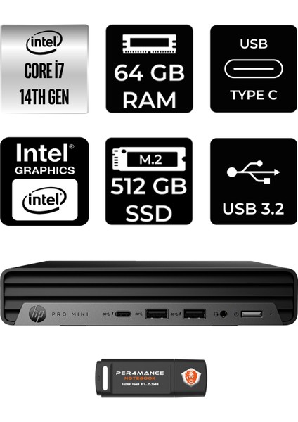 Pro Mini 400 G9 Intel Core I7 14700T 64GB 512GB SSD Windows 11 Pro Mini Masaüstü Bilgisayar & Per4 USB Bellek 9H6W0ETPN372