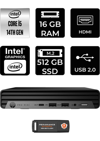 Pro Mini 400 G9 Intel Core I5 14500T 16GB 512GB SSD Windows 11 Pro Mini Masaüstü Bilgisayar & Per4 USB Bellek 9H6W8ETPN387