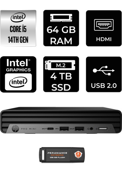 Pro Mini 400 G9 Intel Core I5 14500T 64GB 4tb SSD W11P Mini Masaüstü Bilgisayar & Per4 USB Bellek 9H6W8ETPN415
